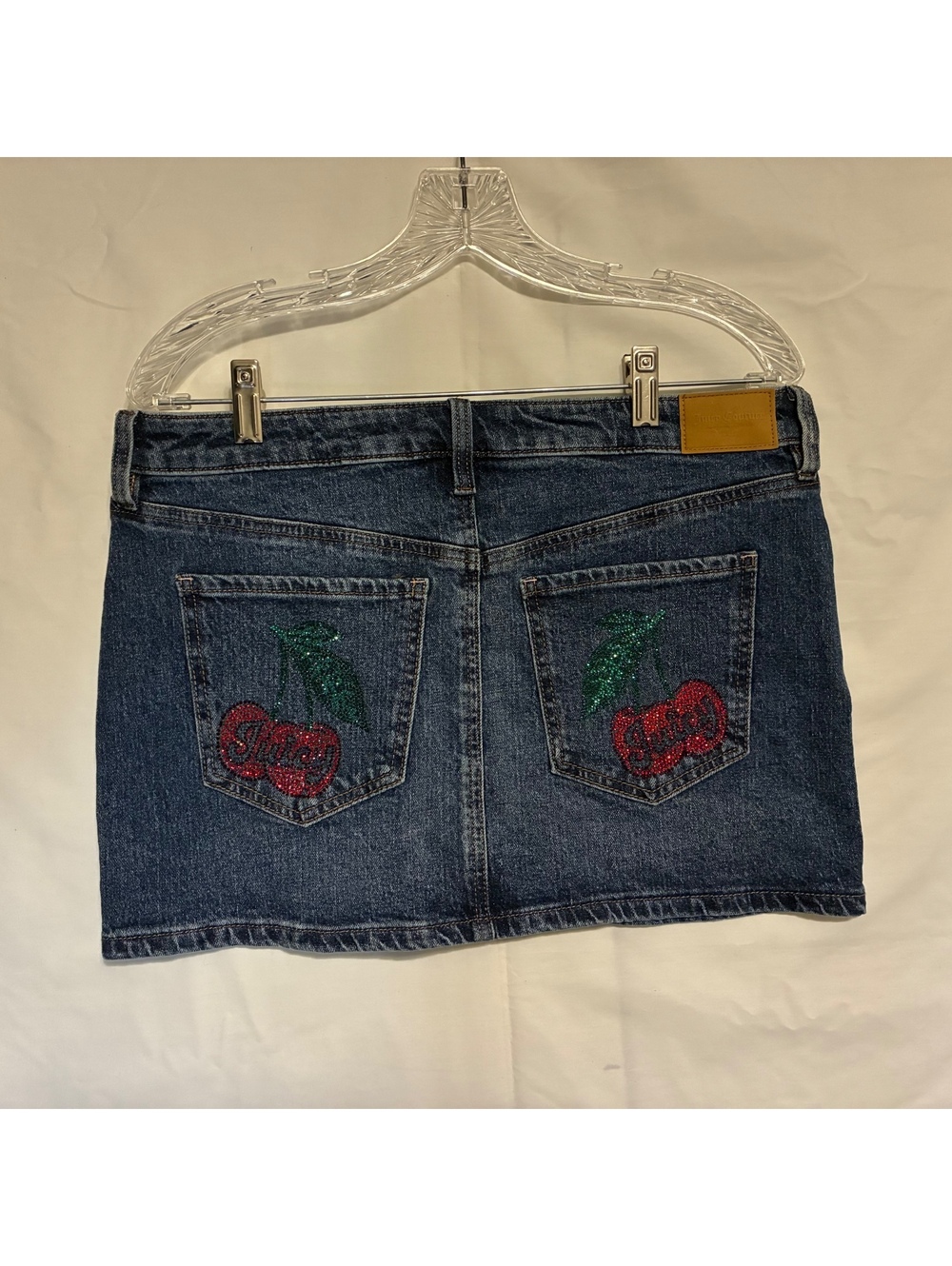NWT Juicy Couture Y2K Blue Denim Micro Mini Skirt with Cherry Logo Bling Size 7